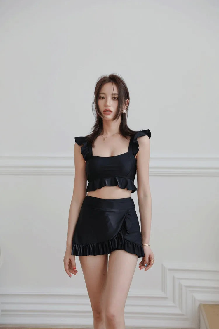 Black nylon split swimsuit for women, briefs style, sizes M L XL