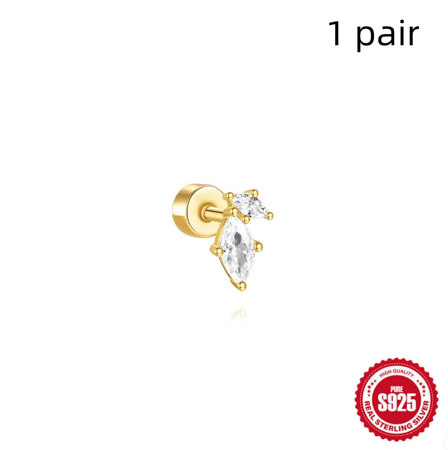 S925 sterling silver flat column thread ear bone studs in a gold electroplated finish.