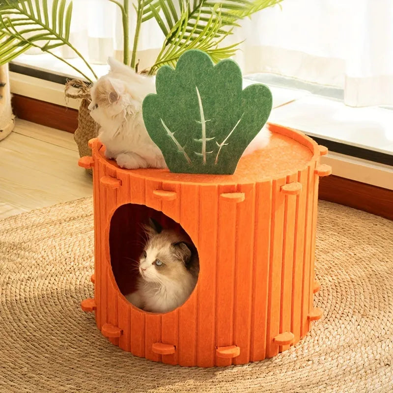 Grey thick felt semi-enclosed cat tunnel nest bed showing its drilled entrance and soft interior.