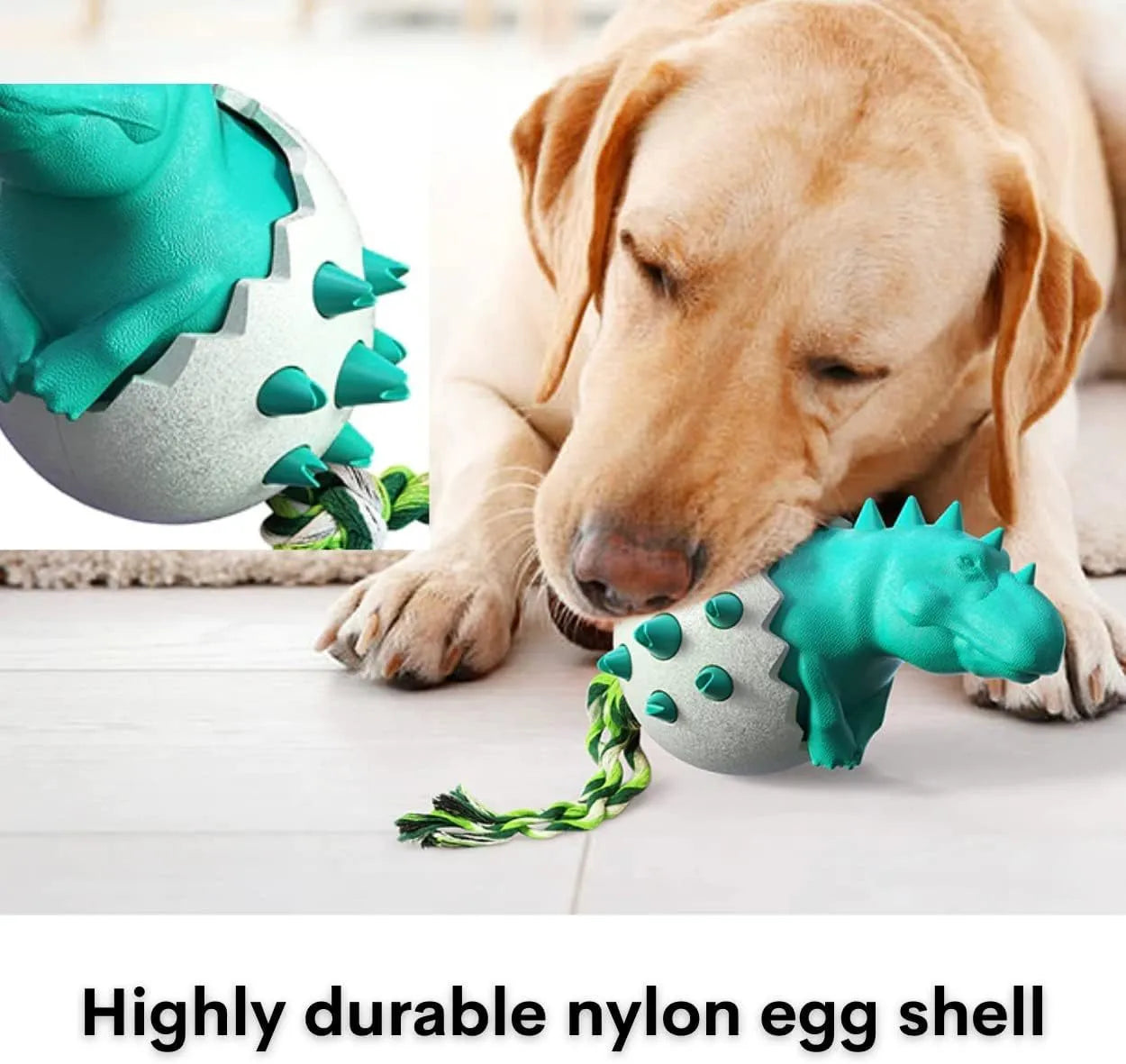 Blue dinosaur-shaped dog chew toy with rubber and nylon body, textured surface, and an integrated rope tail.