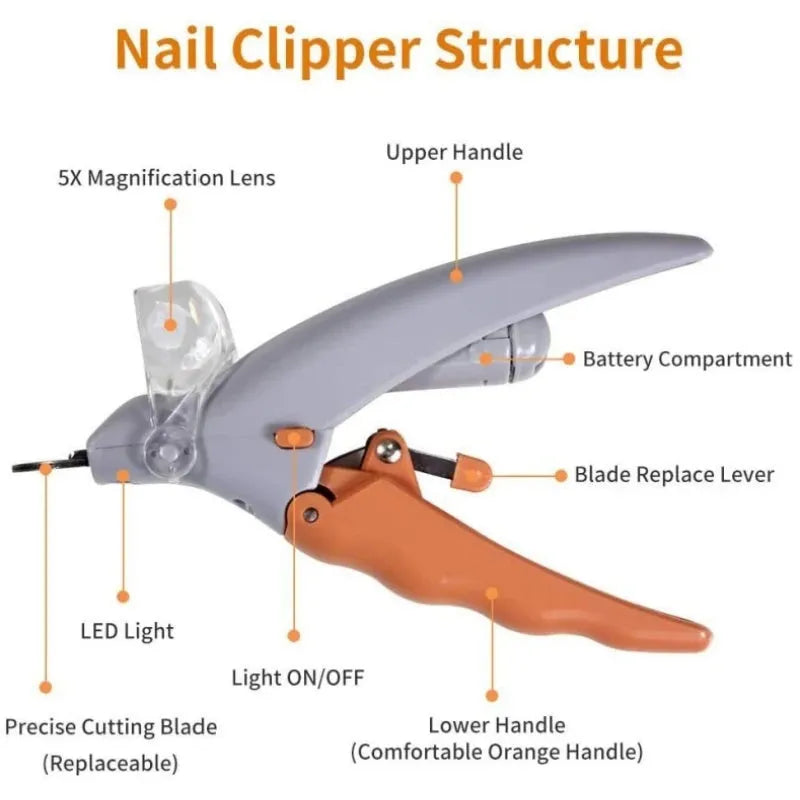 Yellow pet nail clipper with LED light, magnifying lens, and non-slip handle for dogs and cats.