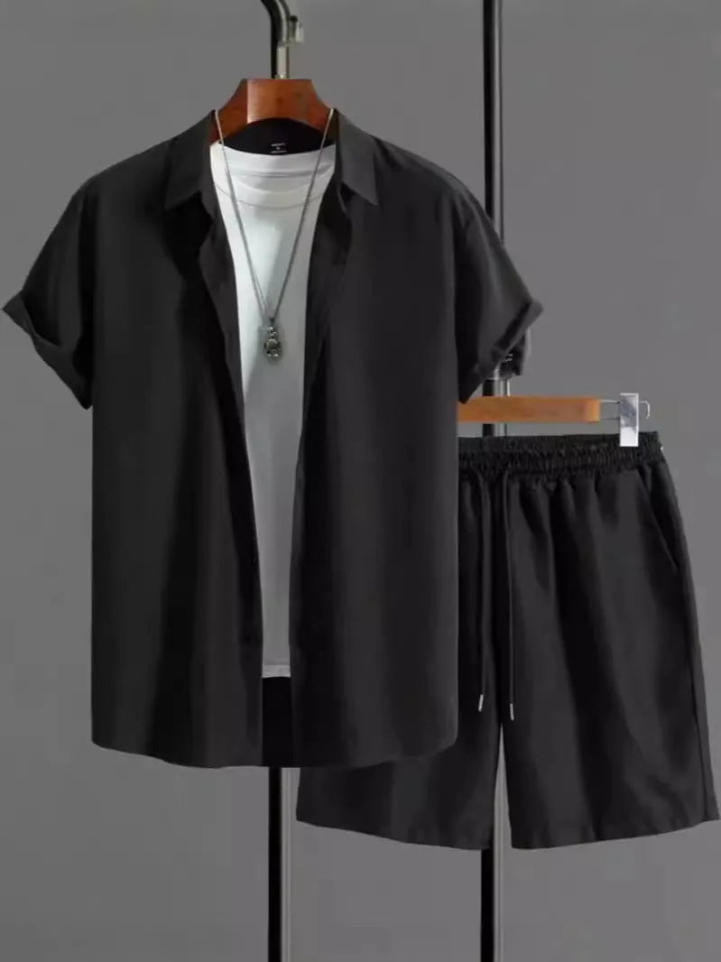 Mens black and white jacquard short sleeve suit set with shorts