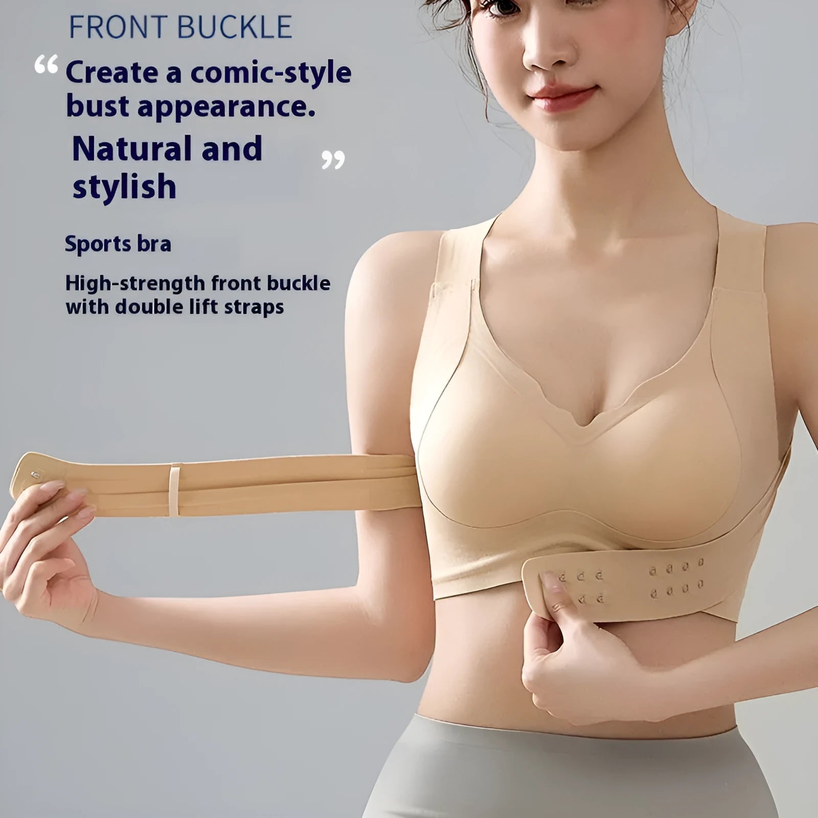 Women's front buckle sports bra in black, shown on a mannequin, featuring double shoulder straps and a 3/4 cup.