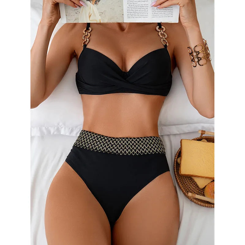 Black European and American bikini split swimsuit in polyester fibre, sleeveless brief style, shown flat
