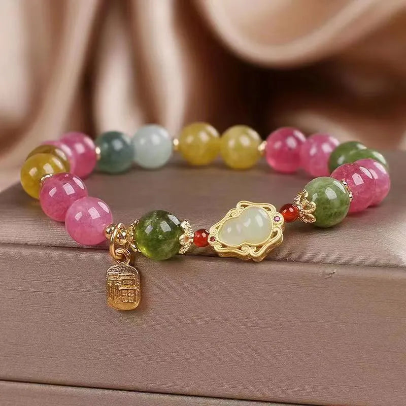 Women's mixed material bracelet with colourful tourmaline gourd blessing card and electroplated finish, flower shape