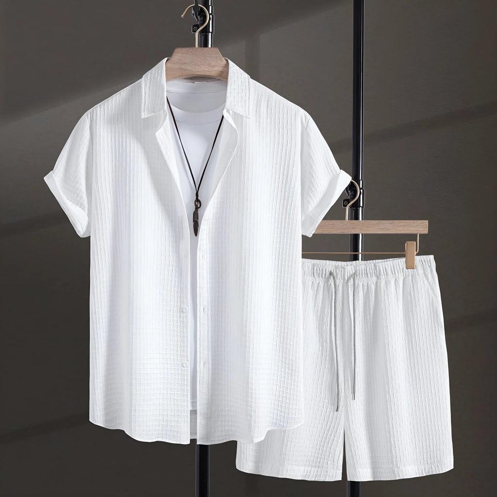 Men's black cotton blend short sleeve shirt and shorts casual summer suit on a hanger.