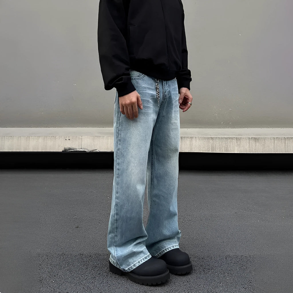 Men's retro blue whisker washed straight jeans with medium-high waist and visible stitching