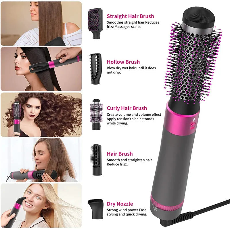 Dyson grey 5-in-1 hair dryer brush styling tool with multiple brush attachments on white background