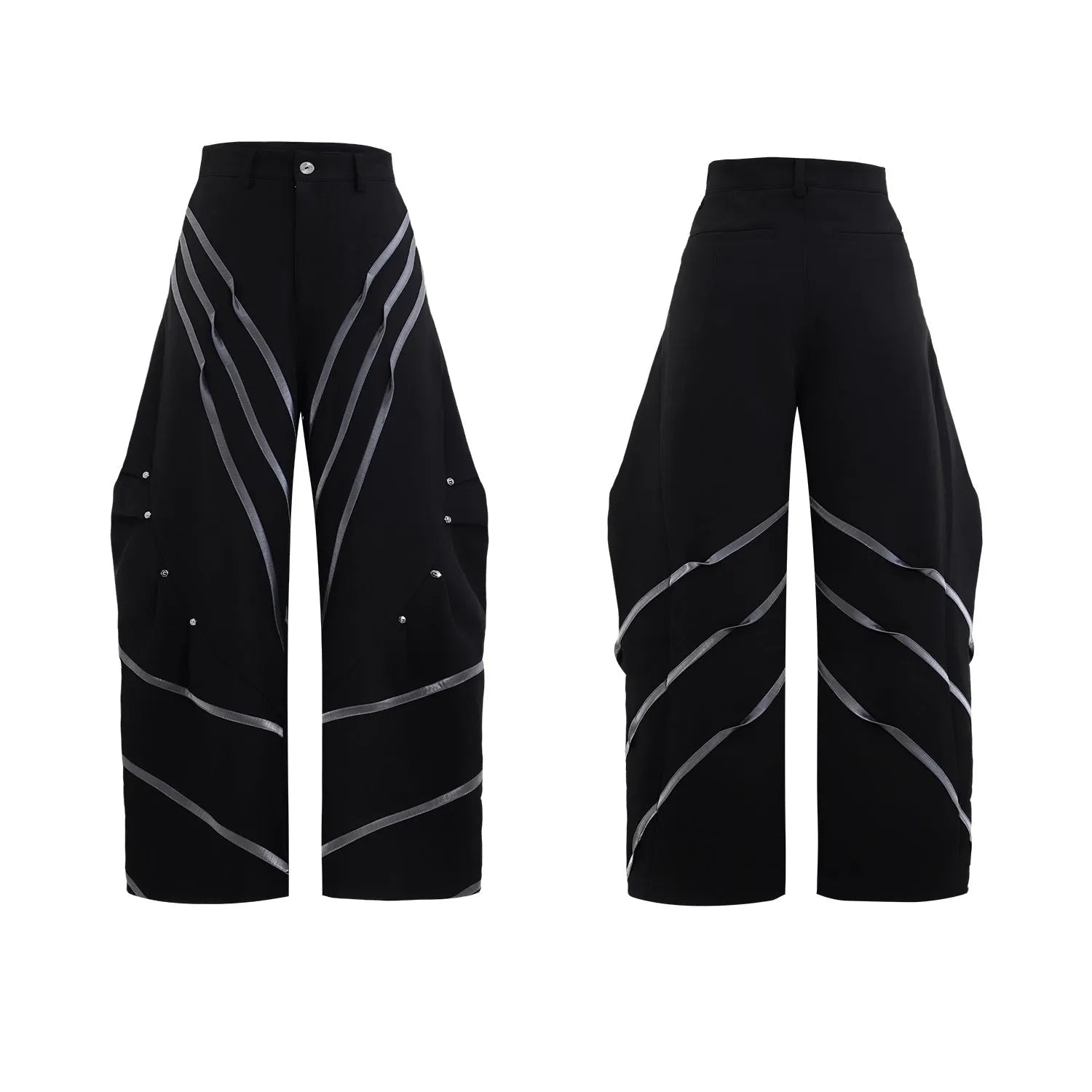 Men's black trousers with metal striped rivet details, pleated front, and a structured three-dimensional cut.