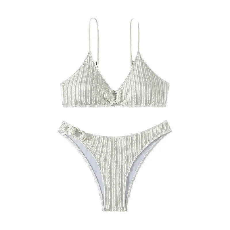 White women's V-neck beach split swimsuit with sleeveless top and matching shorts