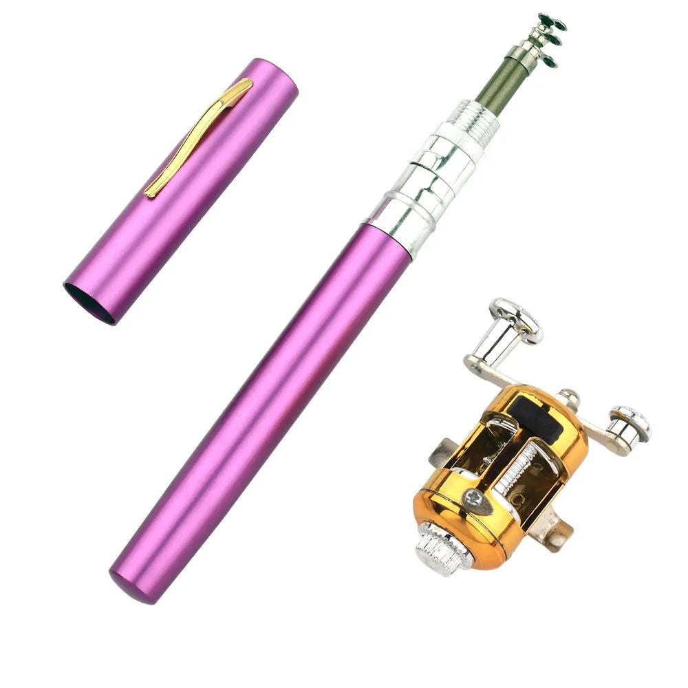 Gold telescopic pocket fishing rod extended next to its ST5RL reel and collapsed in its aluminium pen case.