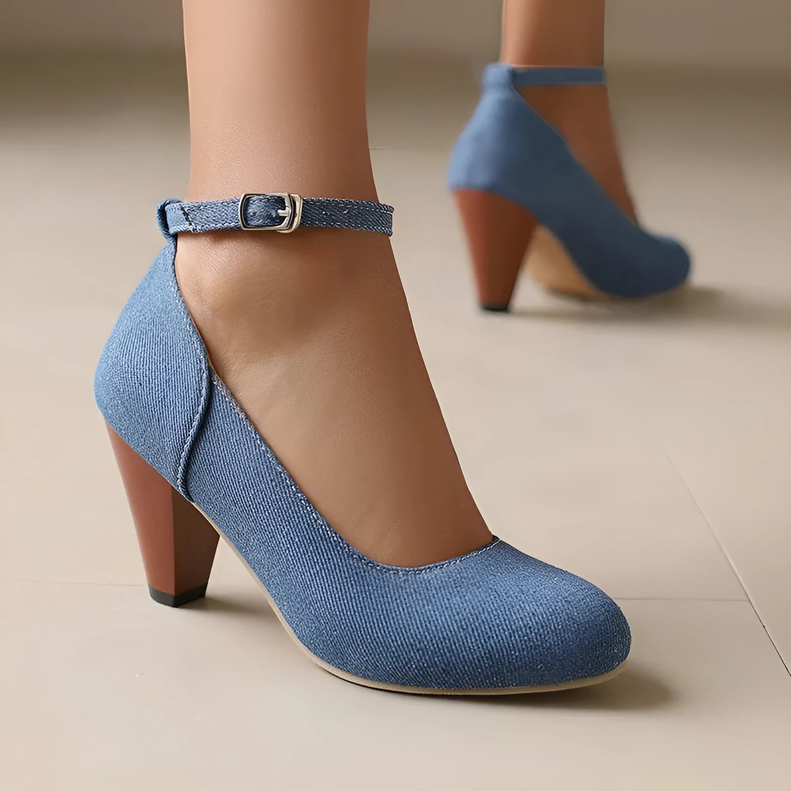 Women's denim fabric high heel platform shoes with buckle, round toe, solid blue colour