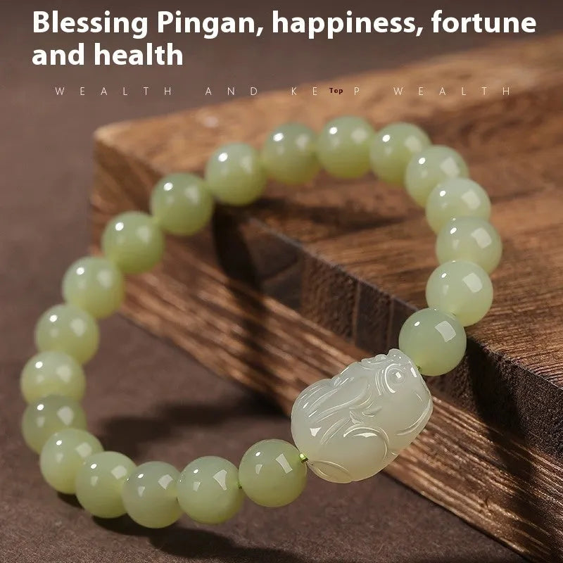Women's Hetian jade leather bracelet with polished beads, 8mm size, national style design