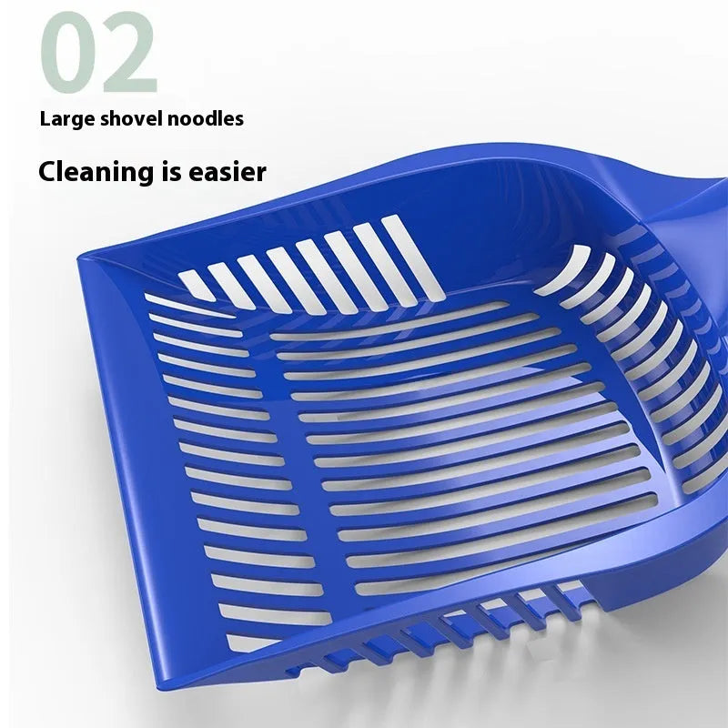 Red, yellow, and blue plastic cat litter scoops showing small and medium size options