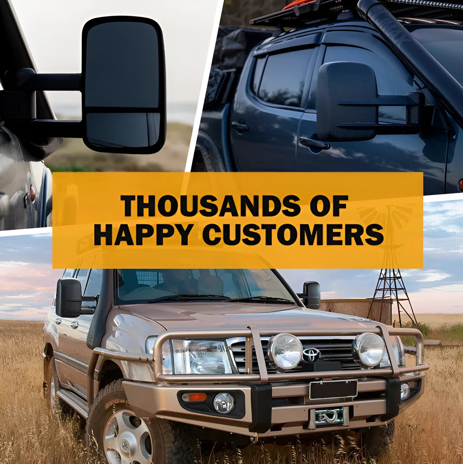 Pair of black plastic foldable rearview mirrors for Toyota Land Cruiser 100 1998-2007 for trailer use