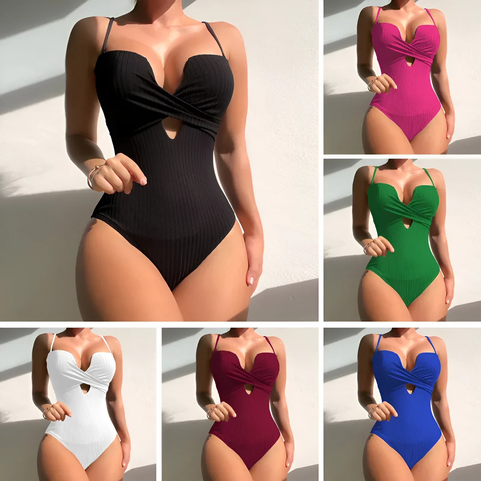Women's solid colour one-piece swimsuit in polyester fabric available in multiple sizes