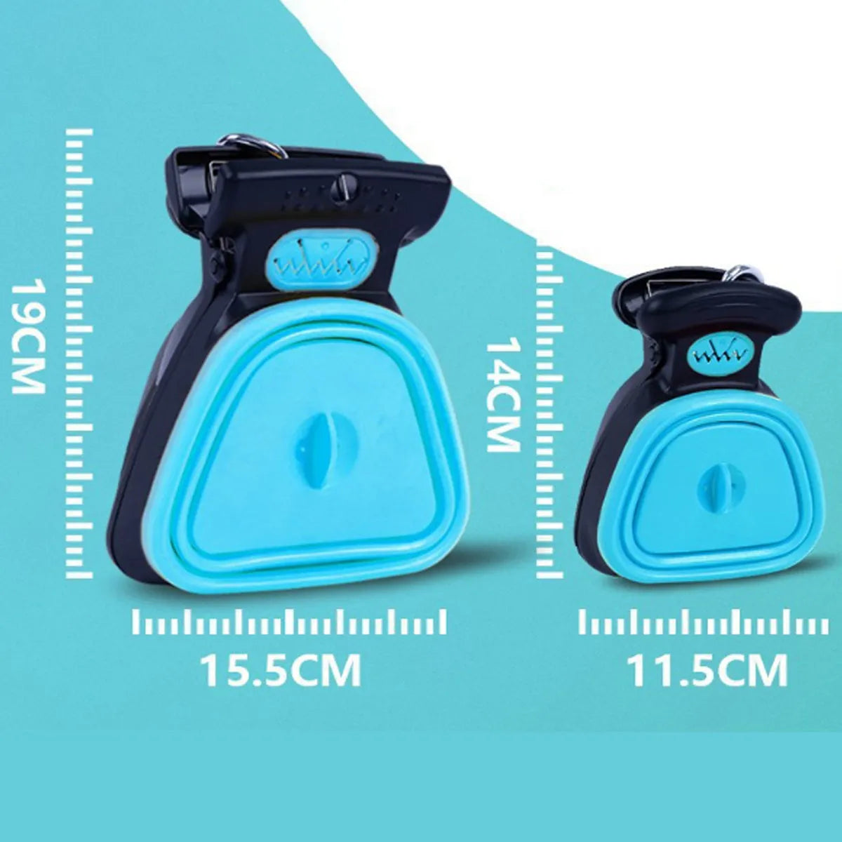 Blue portable dog pooper scooper with carabiner clip and integrated waste bag compartment.
