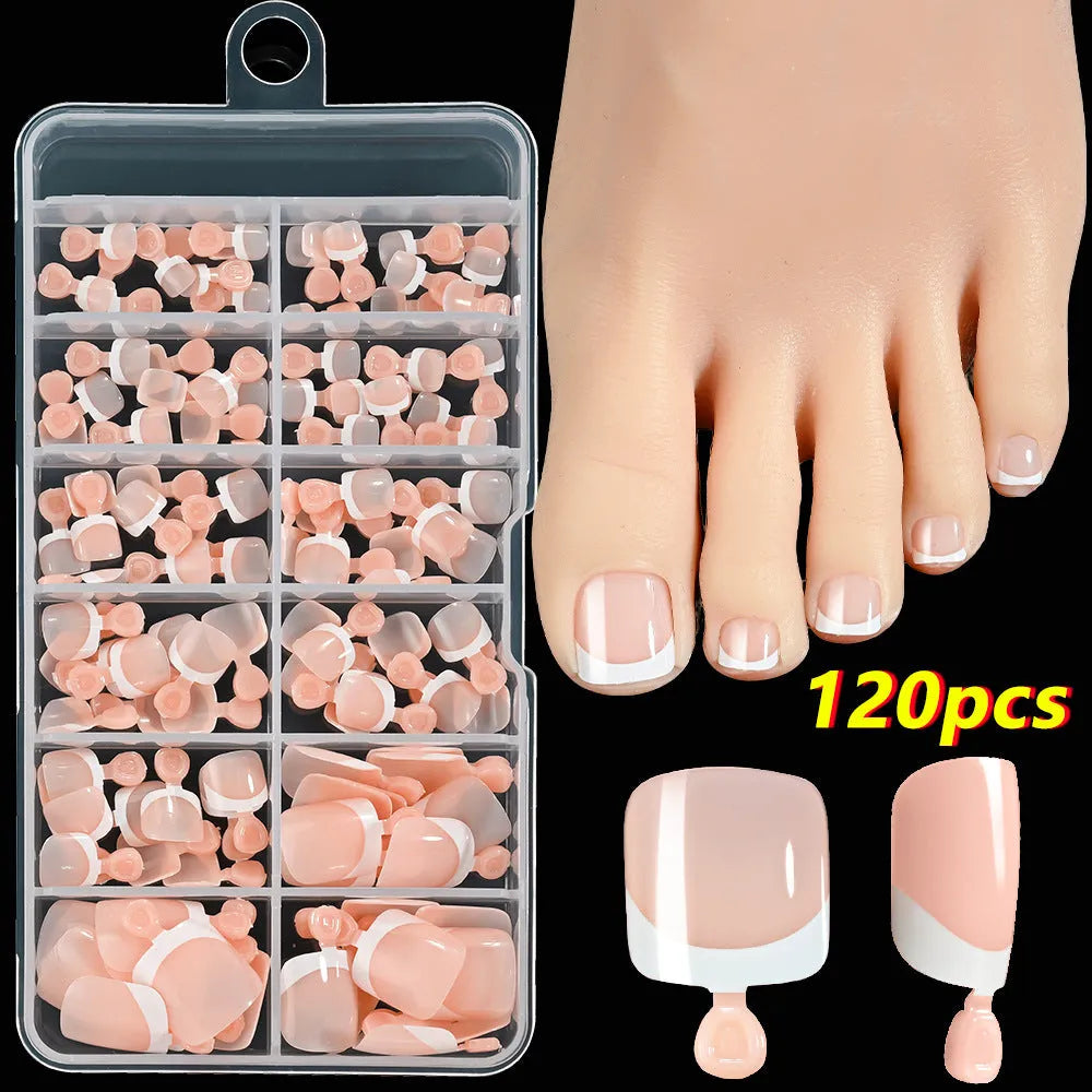 120 piece French white edge false toe nails in nude colours, full square short shape.