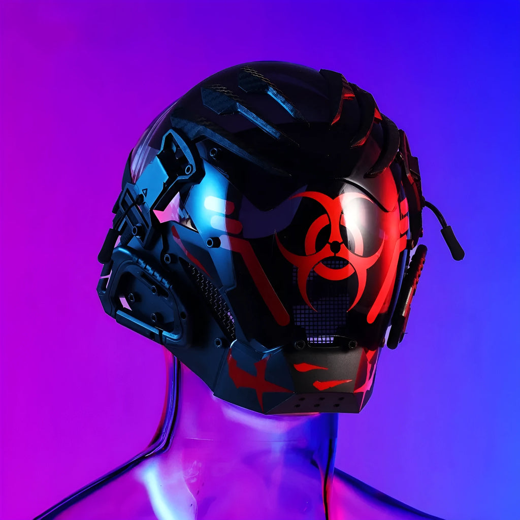 Black full face bioweapon tech prop mask showing complete helmet-style coverage