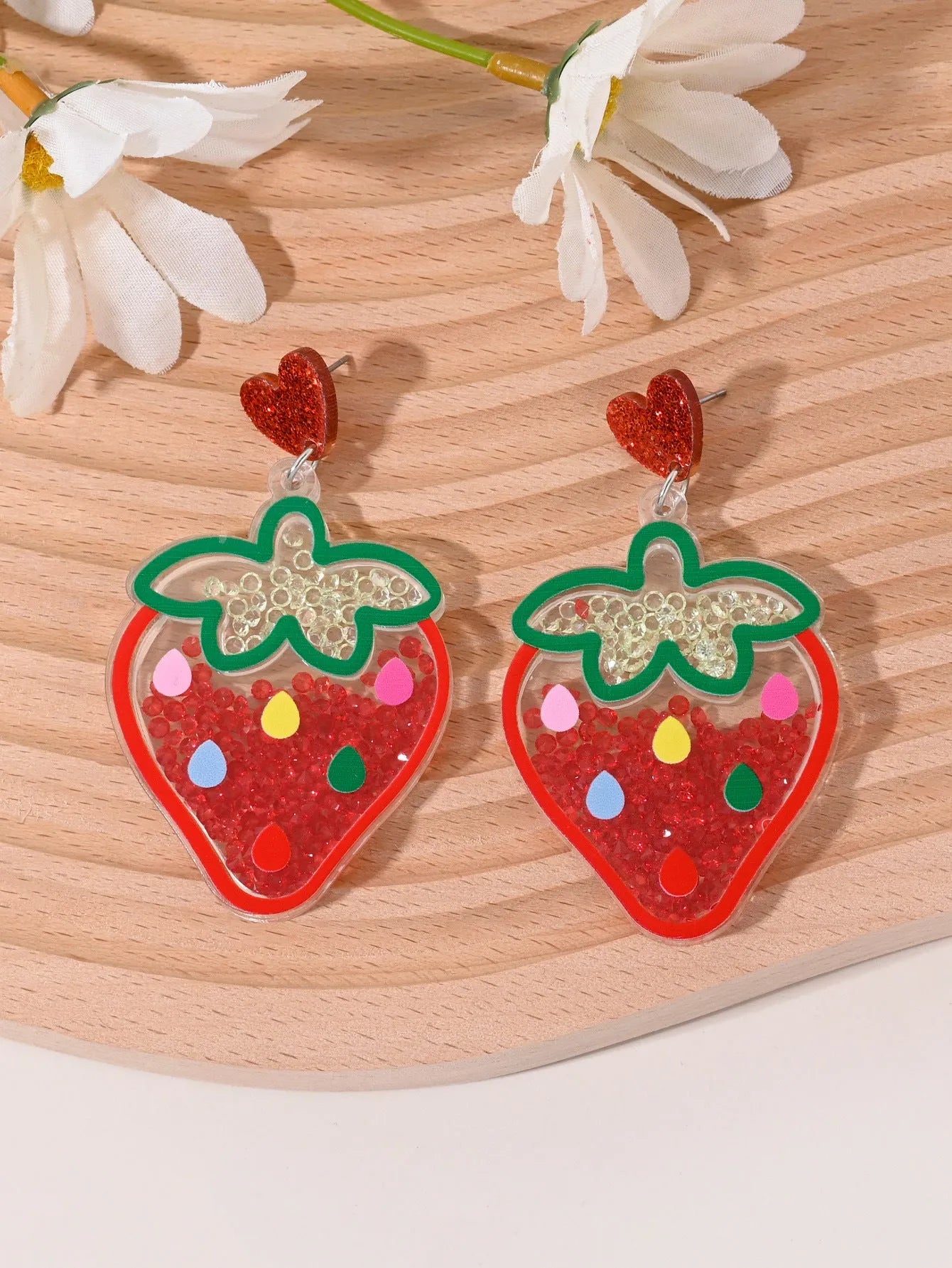 Acrylic drop earrings with fruit and dessert motifs including cherry, strawberry, watermelon, pineapple, coconut, cake, and ice cream, in pastoral style for women