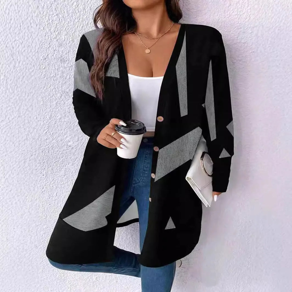 Black plus size cardigan coat with button stitching details and loose casual fit