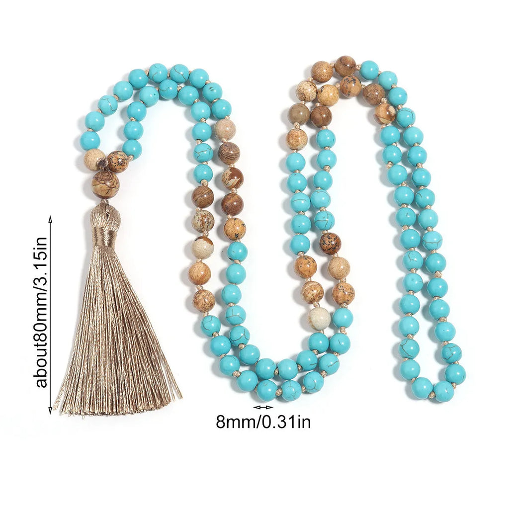 Handmade 108 mala necklace with vintage turquoise painted stone beads in blue pine colour, ball bead chain style, unisex