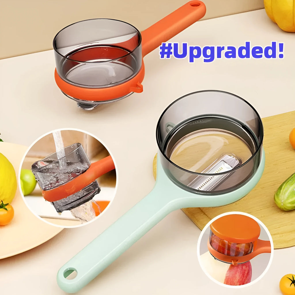 Kitchen multi-functional peeler with bucket storage in light green plastic on a clean countertop