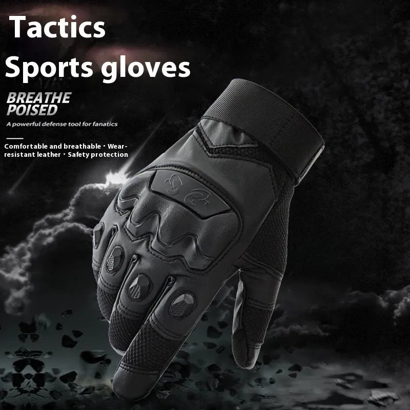 Men's black tactical gloves with touch screen compatible fingertips shown in medium size
