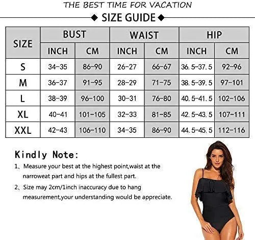 Black one-piece swimsuit with cut-out design and ruffled straps on a tube top.
