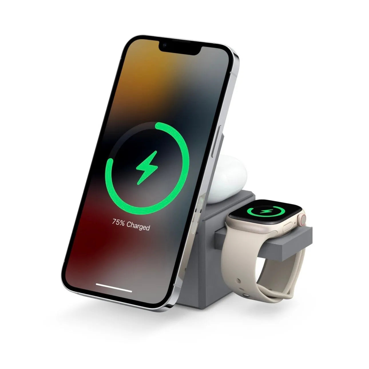 Foldable magnetic suction wireless charger charging iPhone AirPods and Apple Watch 3 on a desk with LED indicator