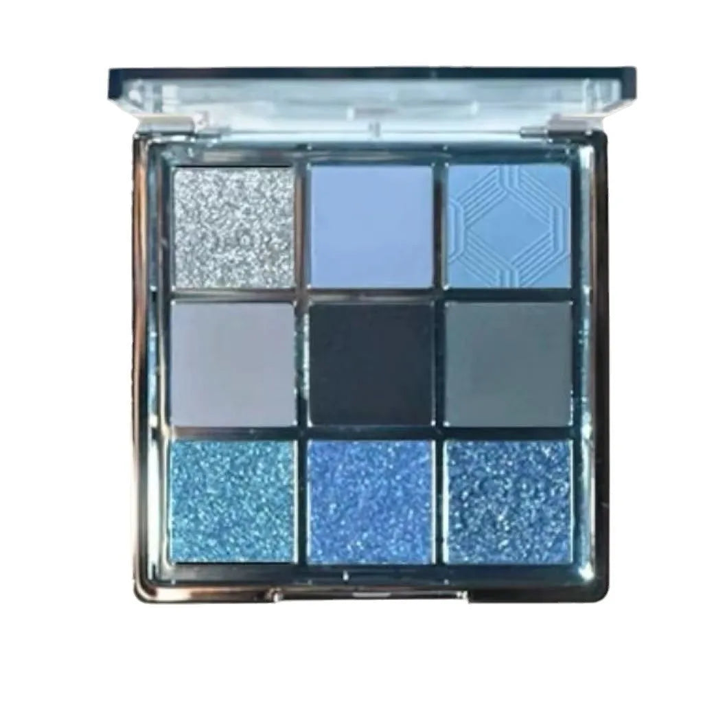 MUGELEEN nine-colour eye shadow palette showing blue smokey shades with matte and shimmer finishes