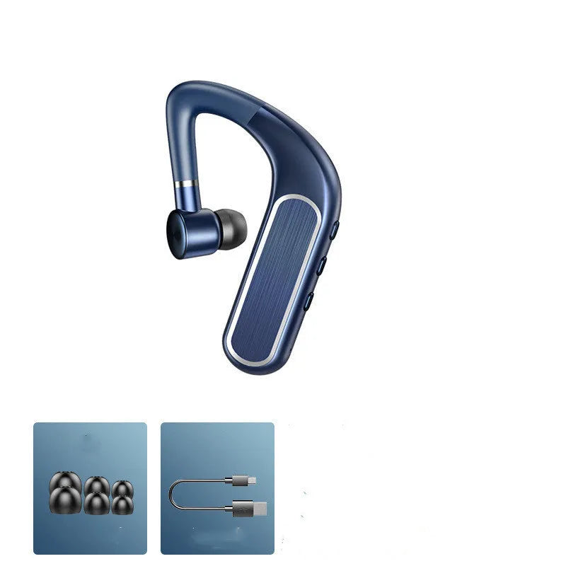Black Bluetooth earphone with hanging ear design and silicone ear cap, shown with spare ear caps and charging cable.