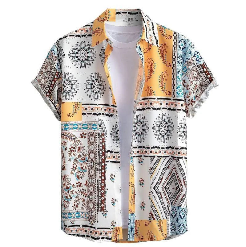 Men's slim fit digital print Hawaiian short sleeve shirt in four-sided elastic polyester, size S to 6XL
