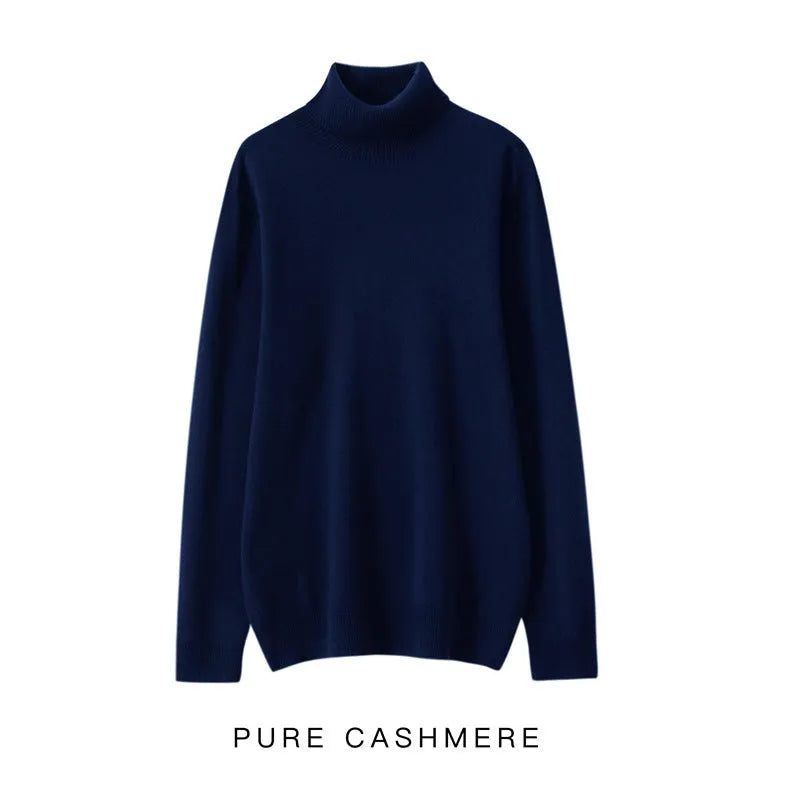 Men's loose pullover sweater in high collar dark blue, standard wool yarn