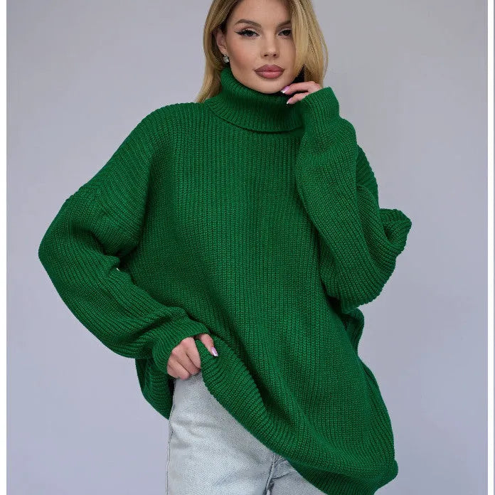 Women's thick imitation cashmere high neck pullover sweater in solid color with loose fit and long sleeves