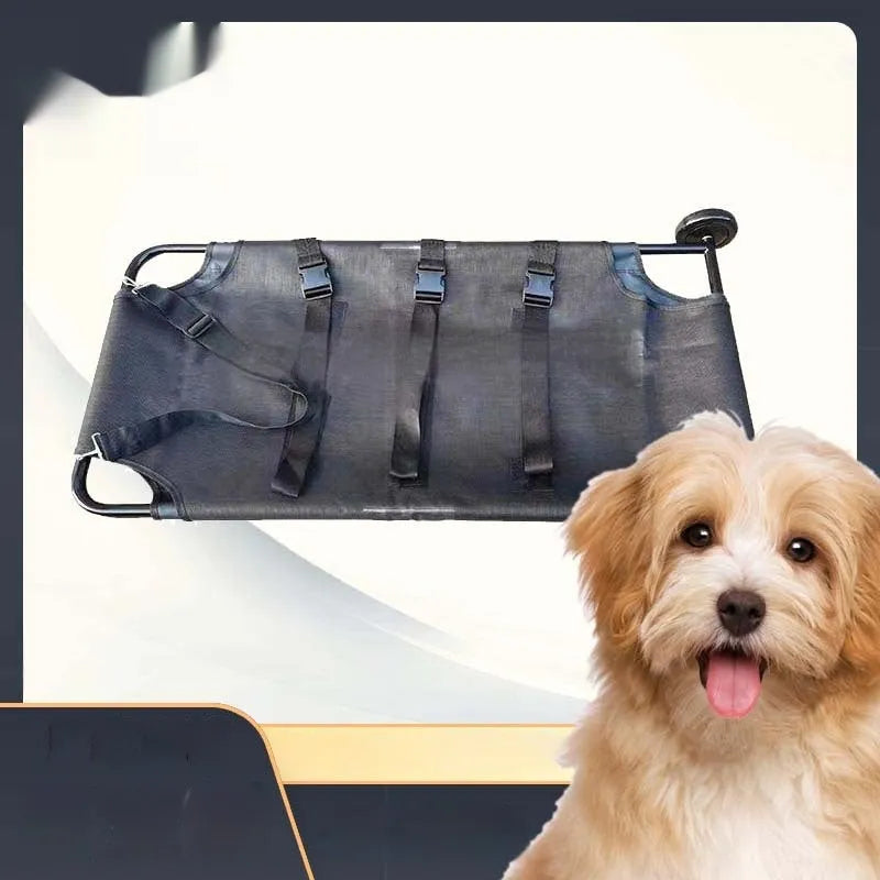 Large black aluminium alloy pet stretcher shown in a folded storage configuration.