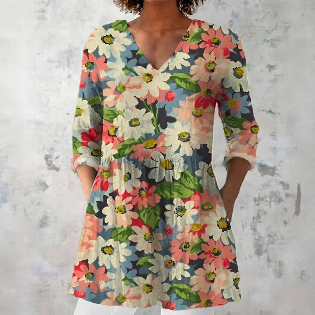 Women's retro printed long sleeve top in slim fit, shown in a colour option with digital print design.