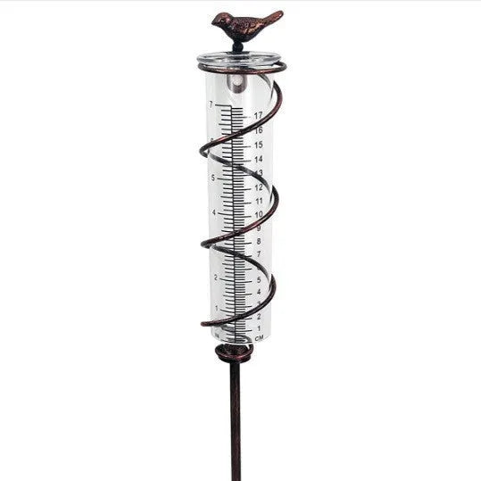 Cast iron and glass outdoor rain gauge with hummingbird design showing 0-800ml capacity