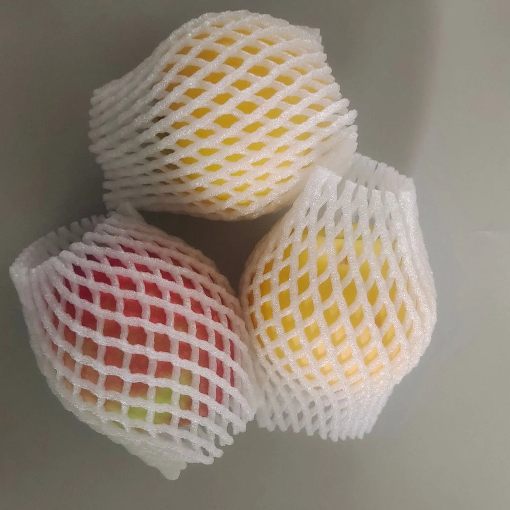 White foam net protective cover for fruit, shown next to an apple, with size options listed.