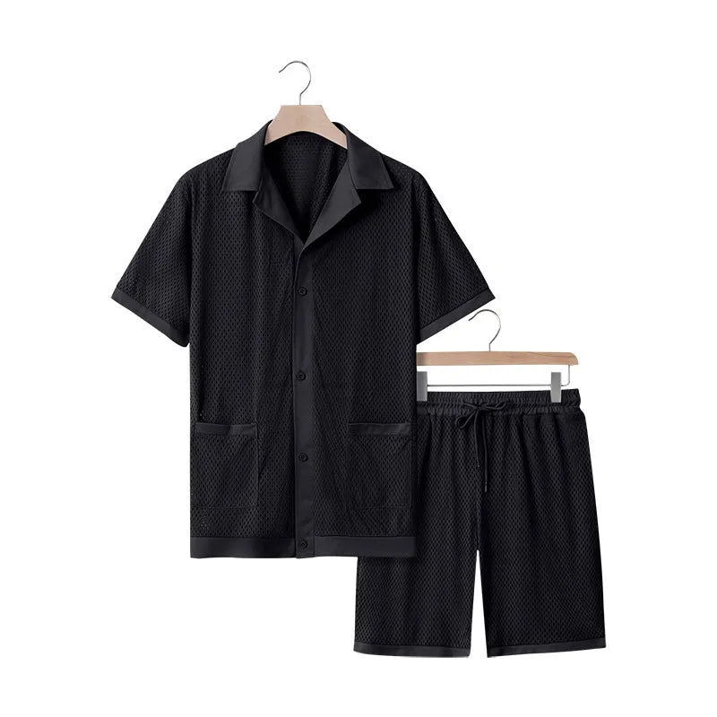 See-through short sleeve cardigan and shorts set for women in lake blue, shown on a hanger