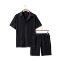 See-through short sleeve cardigan and shorts set for women in lake blue, shown on a hanger