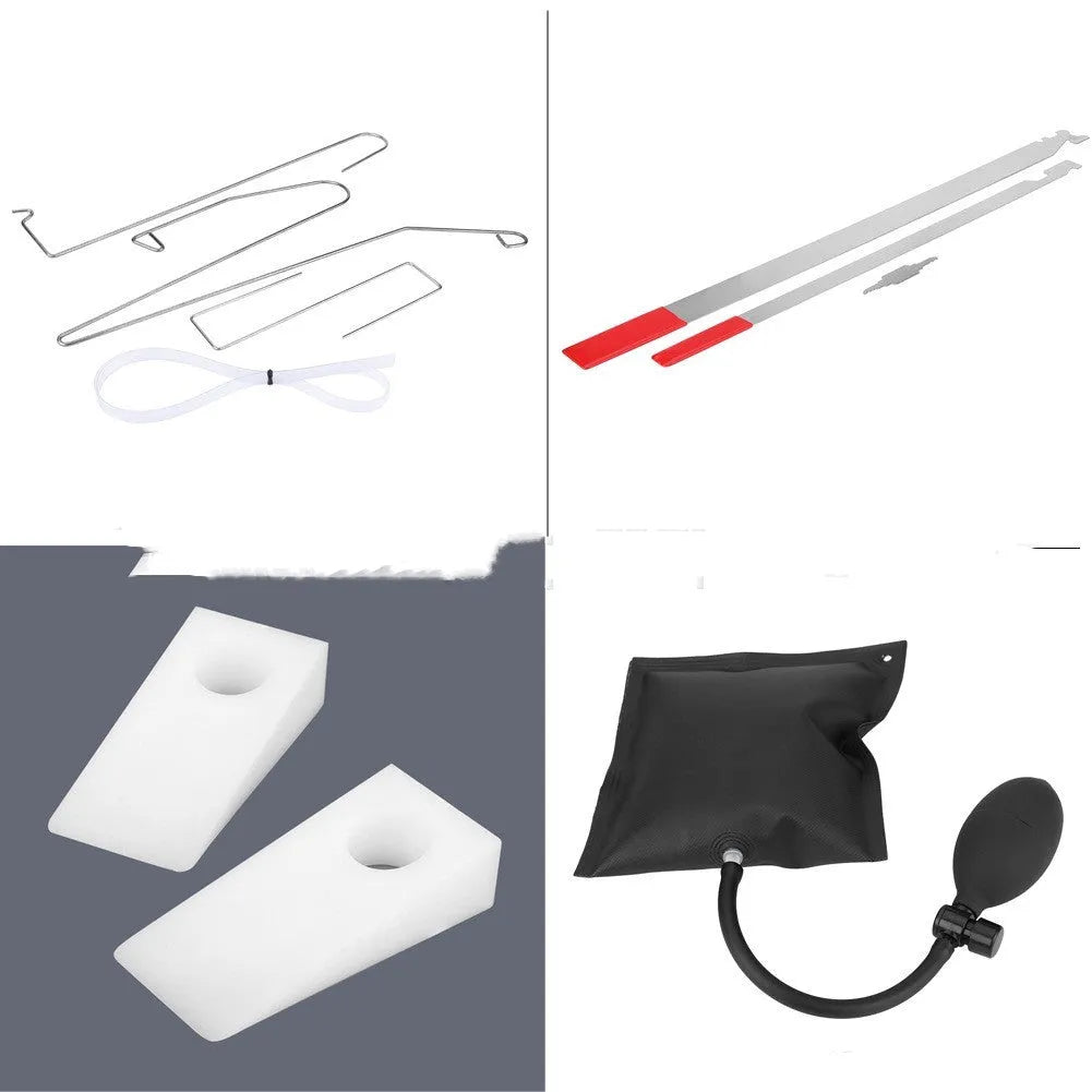 Automotive maintenance tools 9-piece set with air pump wedge, plastic wedges, hooks, and crowbars