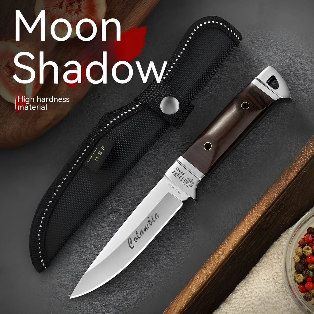 Camping portable fruit knife with stainless steel blade and leather sheath case