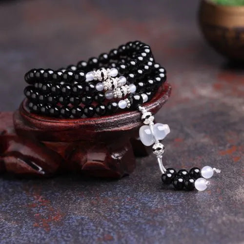 Natural black agate 108 beads bracelet unisex fashion OL style geometric shape numbers element