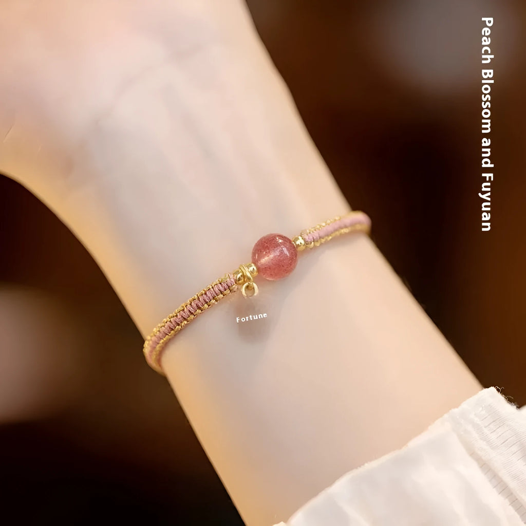 Red rope adjustable bracelet with Strawberry quartz style, unisex national tide design