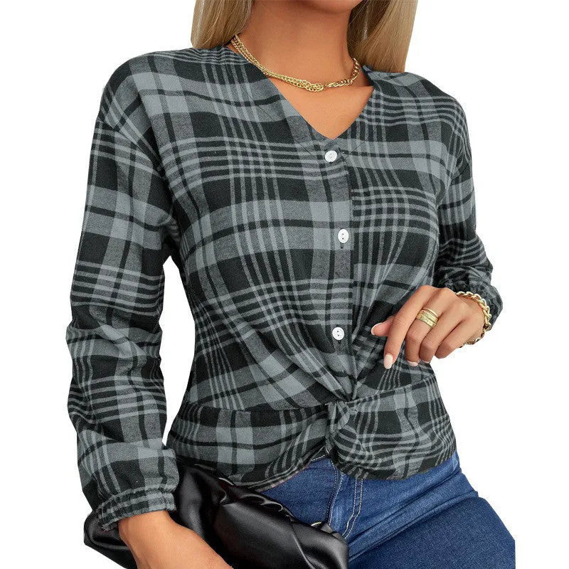 Women's purple, gray and red plaid casual loose shirt with regular sleeves