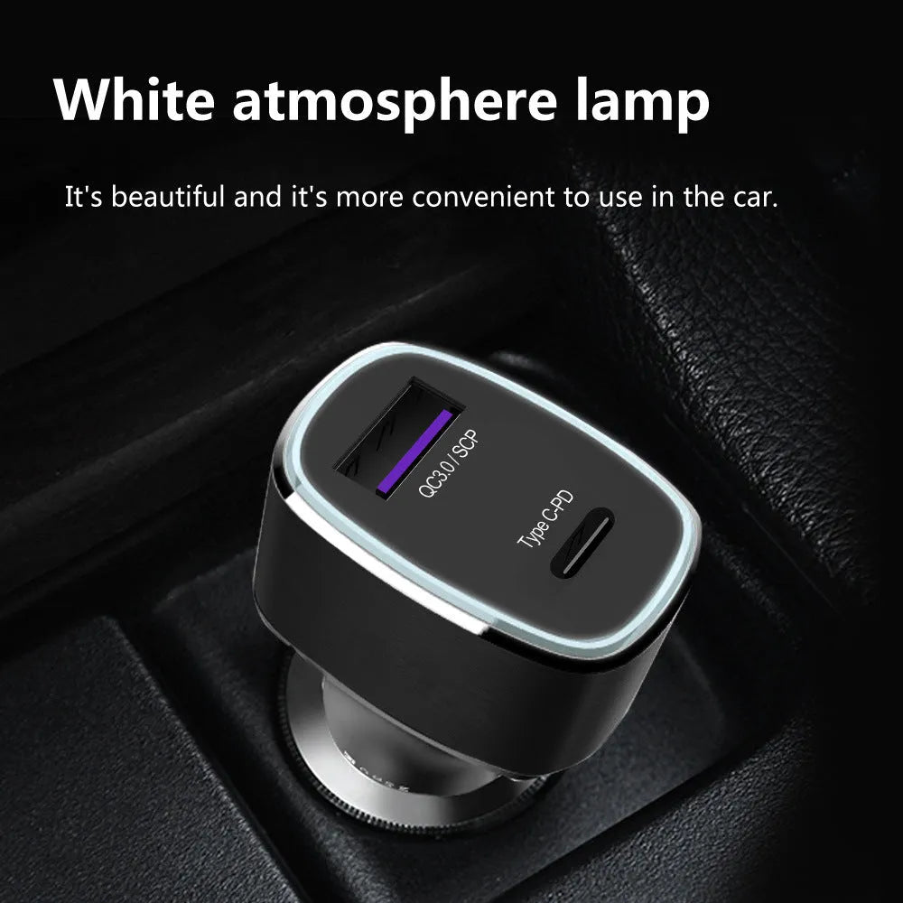 Car charger with dual USB and Type C ports, metal and PC construction, 12-24V fast charging