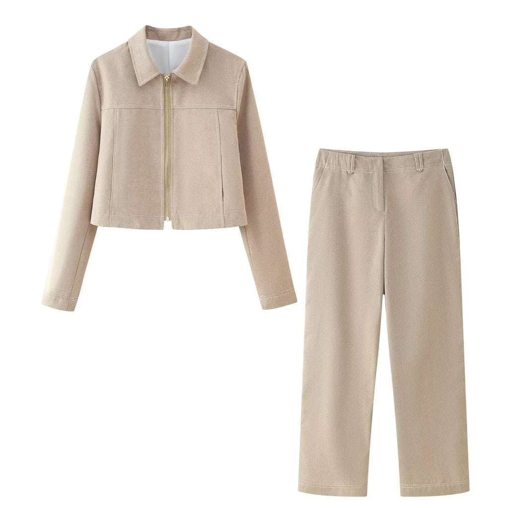 Women's summer casual suit with herringbone pattern embroidery on long sleeve coat and straight-leg trousers