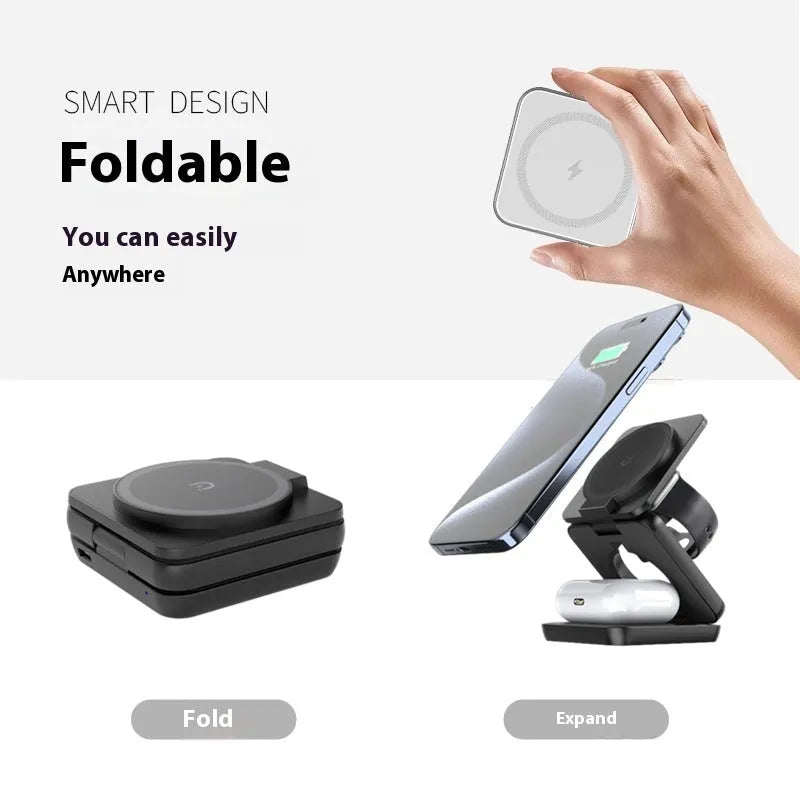 Foldable magnetic wireless charger in black with smartphone placed on charging pad
