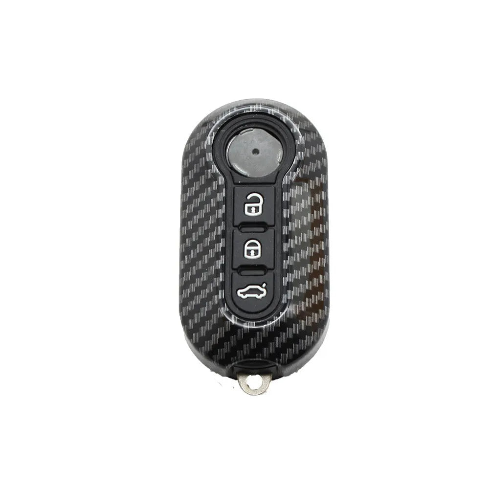 Fiat 500 Boyue car key shell in carbon fibre black ABS plastic, showing button layout.